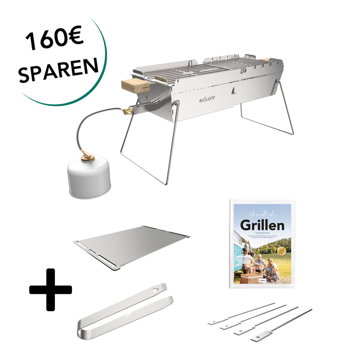 Knister Gas Hero Grill + Plancha Platte + Grill Zange + 4er Set Grillspieße + Unendlich Grillen (Grillbuch)