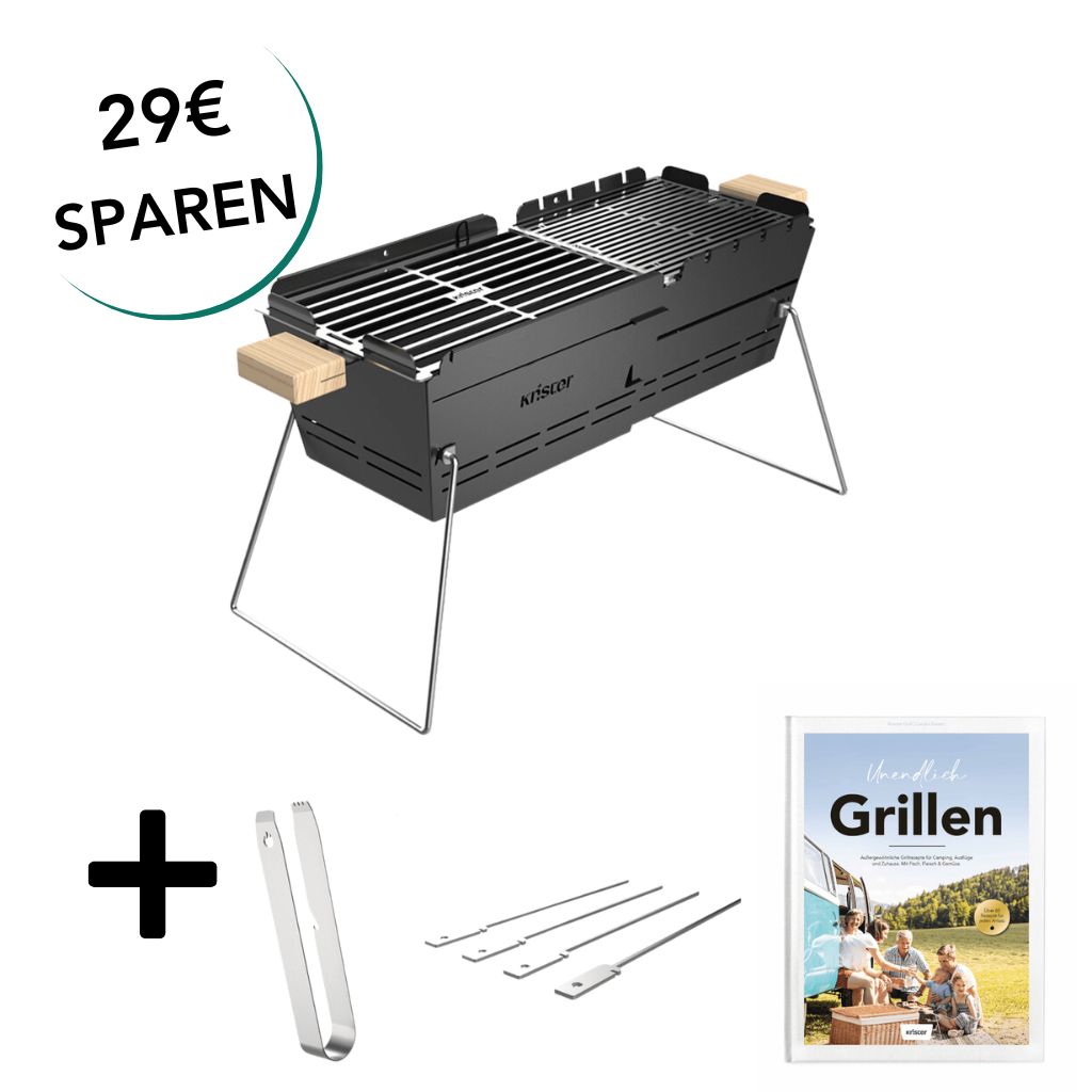 Knister Grill Original + Grill Zange + 4er Set Grillspieße + Unendlich Grillen (Grillbuch)