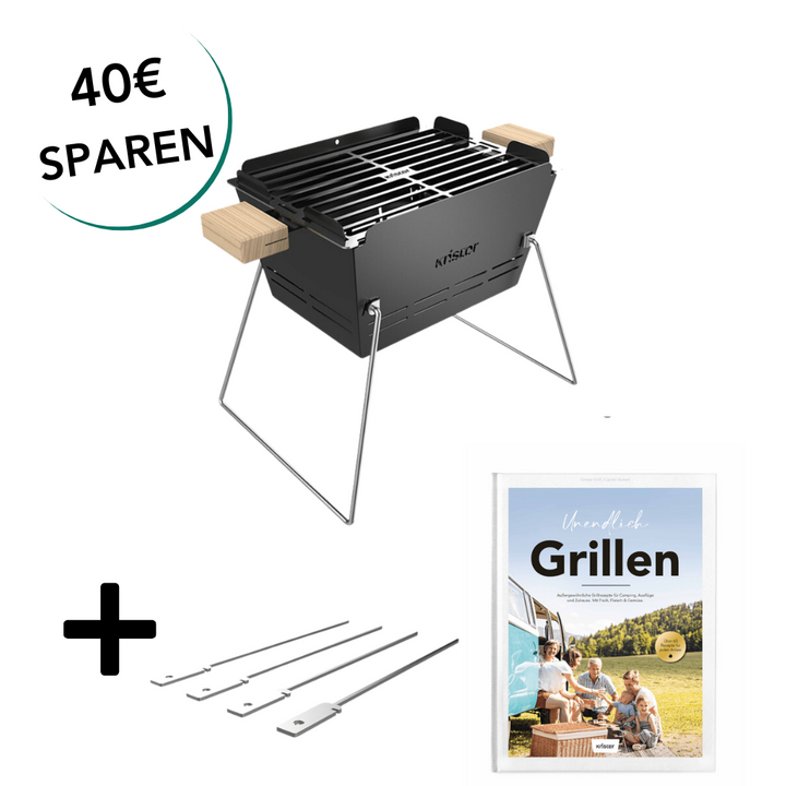 Knister Grill Small + 4er Set Grillspieße + Unendlich Grillen (Grillbuch)